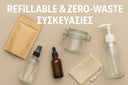 Refillable and zero-waste vegan beauty products with eco-friendly packaging on a natural background